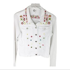 One Girl Who Boho White Embroidered Jean Jacket w/Knit‎ Arms and Back Sz M